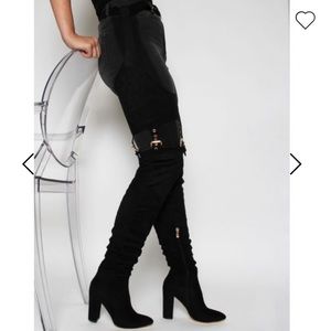 Nicki Black Suede Belt Thigh High Boot